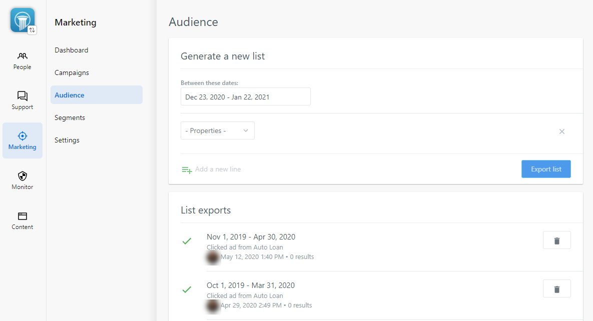 Audience screen in Banno marketing with options for generating lists, along with examples of list exports available to download