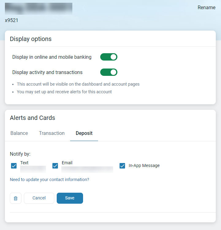 Deposit tab on an account's settings screen