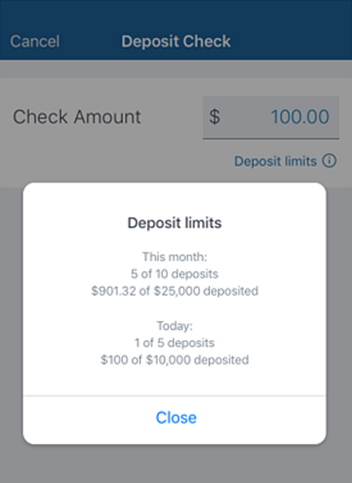 Deposit limits screen showing the number of deposits and fund amounts compared to the limits