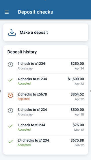 Deposit checks screen