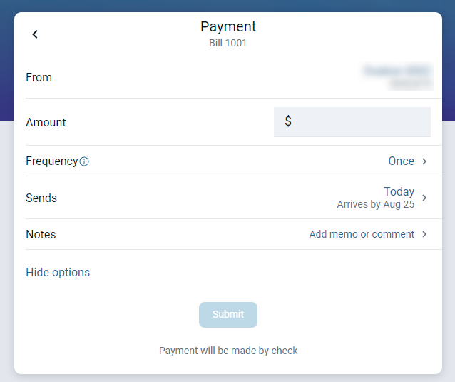 Payment screen in Banno Online showing the From, Amount, Frequency, Sends, and Notes fields