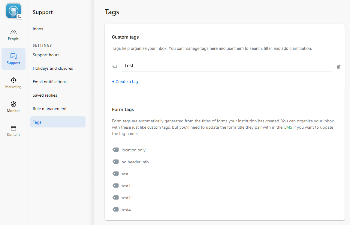 Tags screen within Banno Support's Settings area