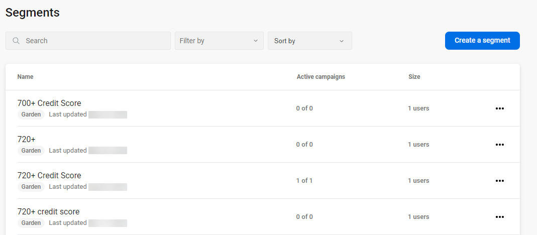 See previous description for fields that appear on the Segments screen. A list of segments also appears on the screen with columns labeled Name, Active campaigns, and Size.