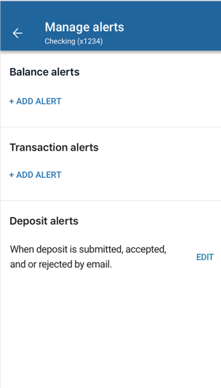 Deposit alerts section of the Manage alerts screen in Banno Mobile.