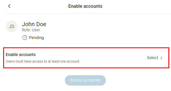 Enable accounts row on the Enable accounts screen.