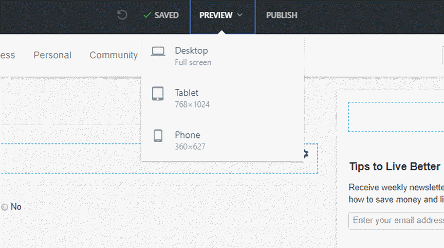 Preview drop-down menu that appears in the top navigation when editing a page.