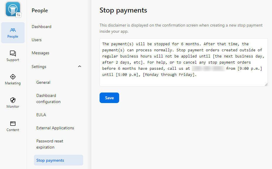 Stop payments disclaimer text box in Banno People