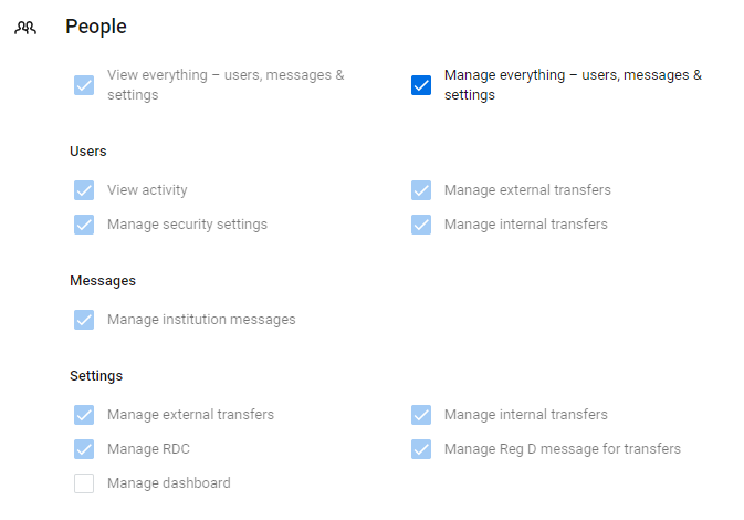 The People section of Banno Settings, including the "View everything - users, messages, & settings" option