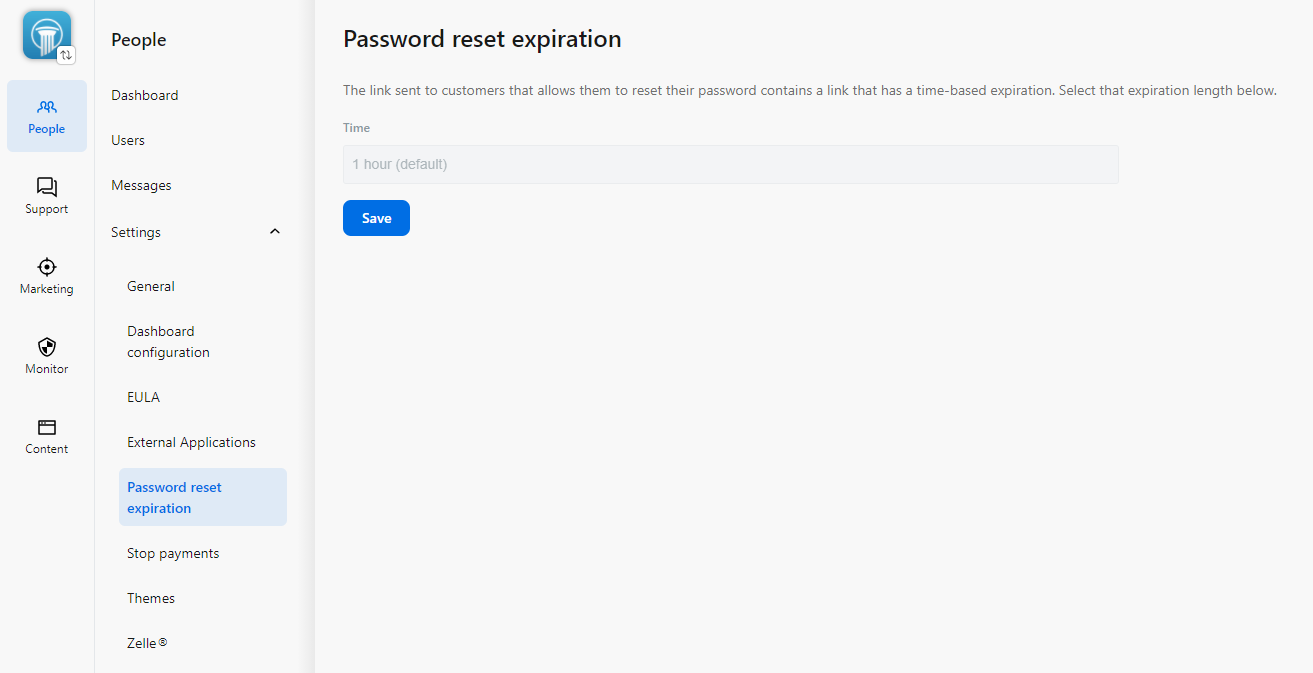 Password reset expiration screen in Banno People