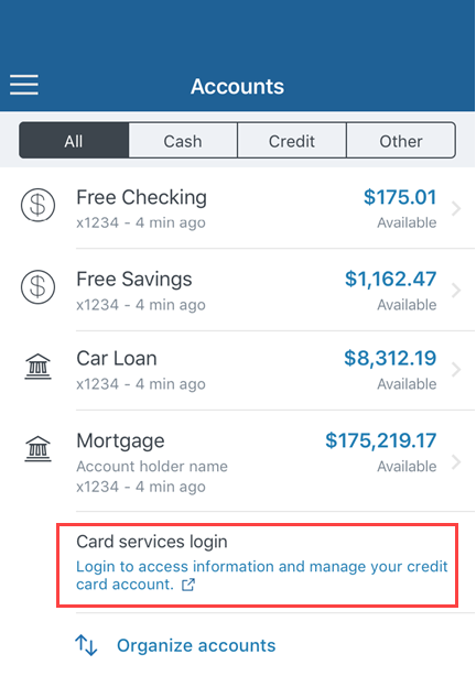 Link on the Accounts screen to Card services login