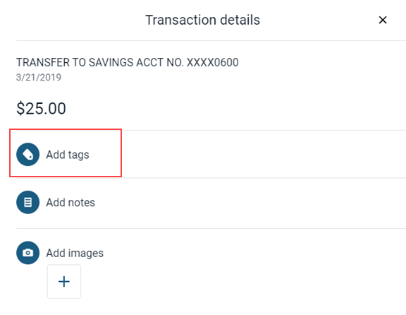 The Add tags option on the transaction Details screen
