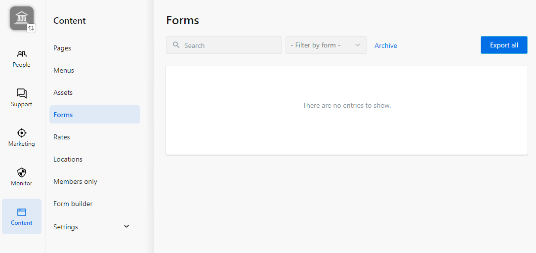 Forms screen in Banno Content that shows the Search, Filter by form, Archive, and Export all options
