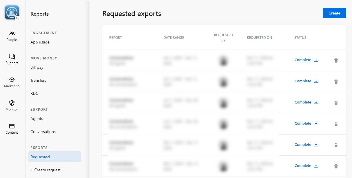 Requested exports screen in Banno Reports