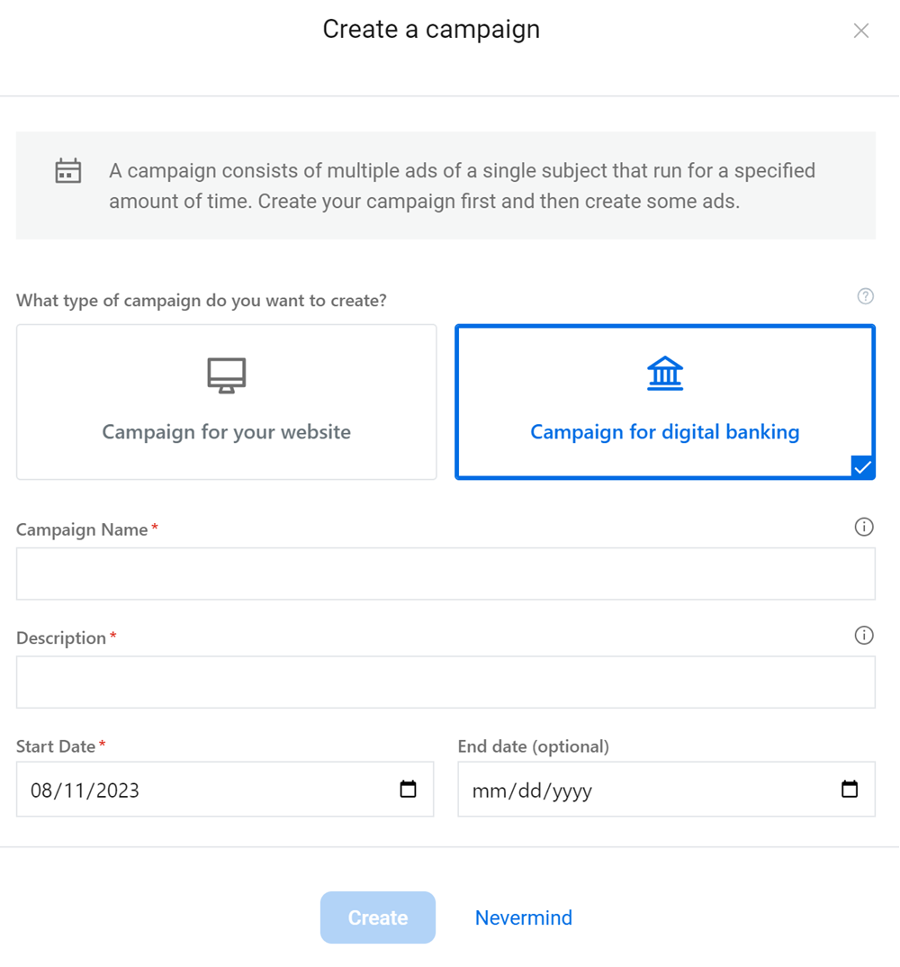 Create a campaign screen with Campaign for digital banking selected