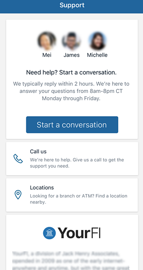 A Support screen showing options to start a Banno Support conversation, to call the institution, to search branch/atm locations, and to view a personalized message from the financial institution.