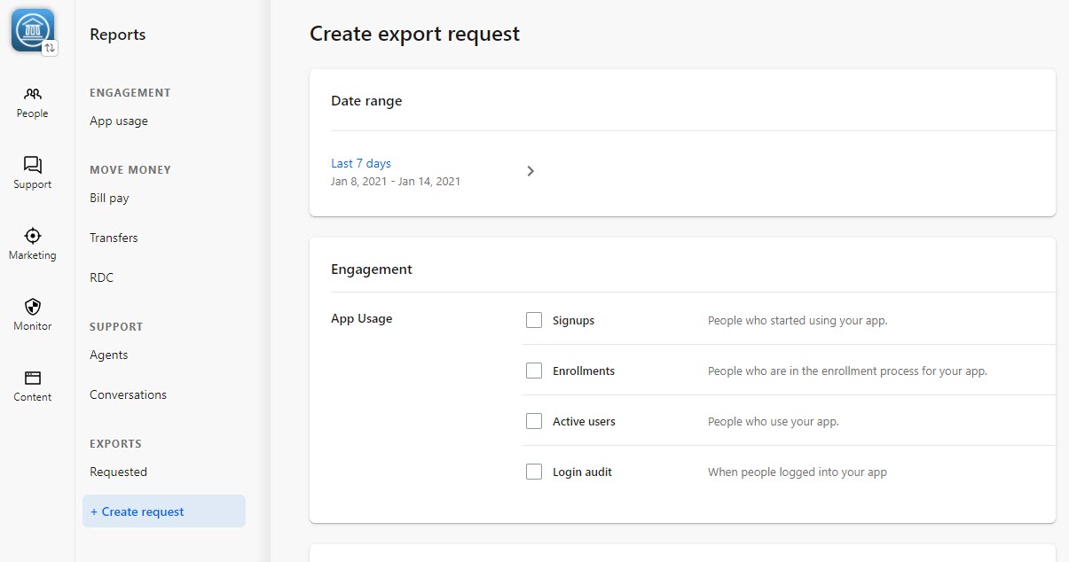 Create export request screen showing the Date range and Engagement sections