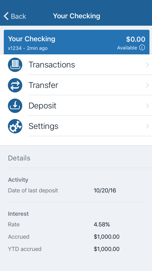 Details for a checking account and options for Transactions, Transfer, Deposit, and Settings
