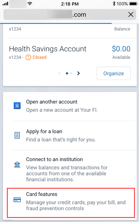 Card features option on the Accounts landing page of Banno Online in a mobile browser