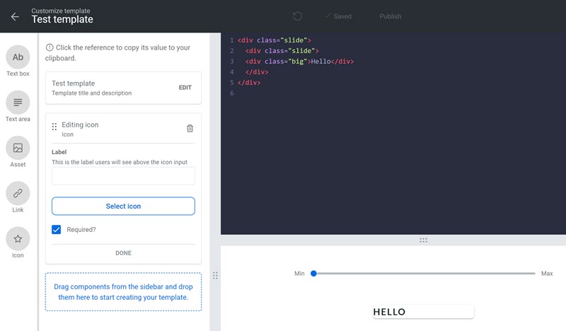 Template editor screen with component panel, code editor, and preview panel