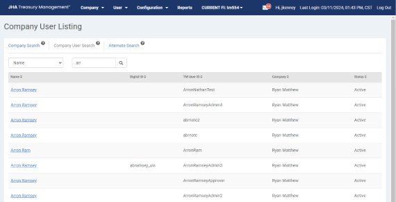Screenshot of treasury management company user search feature.
