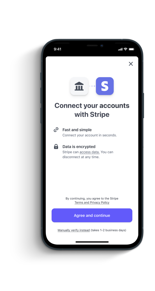 Mobile device showing Stripe asking to connect to a users bank