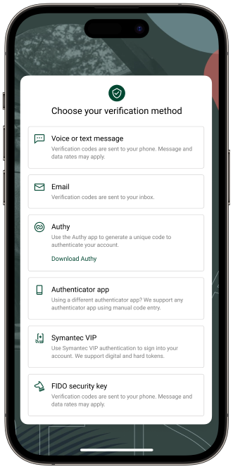 A mobile device allowing a user to select a verification method