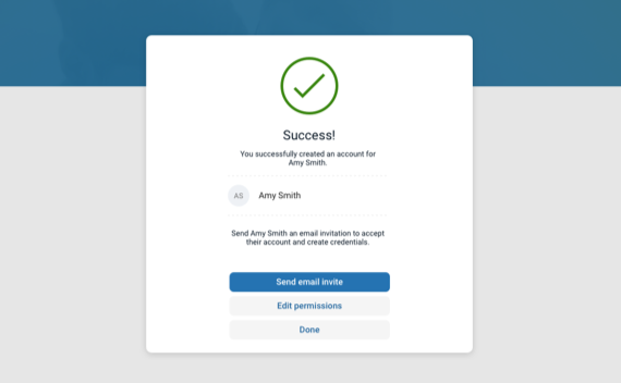 Image of the Banno Business User management 'new user invitation success' screen design.