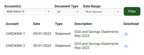 Screenshot of ESI documents filtering options.