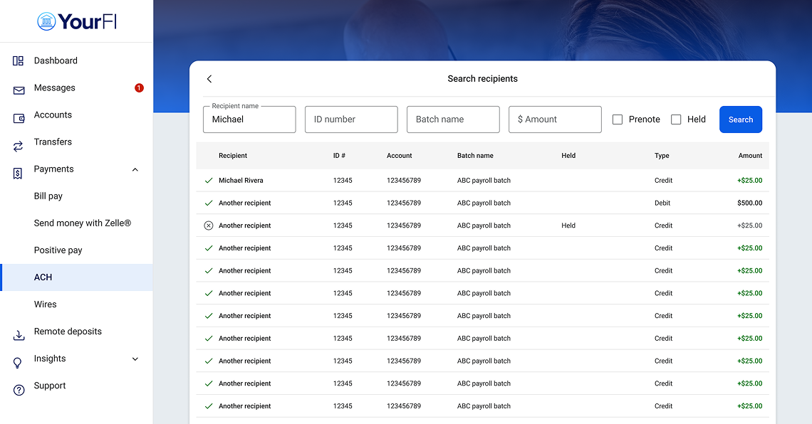 Screenshot of ACH Search Recipients experience.