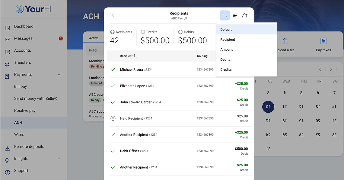 Screenshot of ACH Sort Recipients experience.