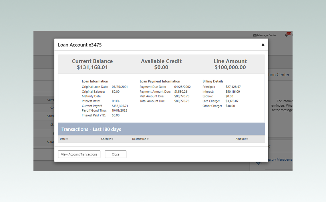 Screenshot of Additional loan details in JHA Treasury Management.