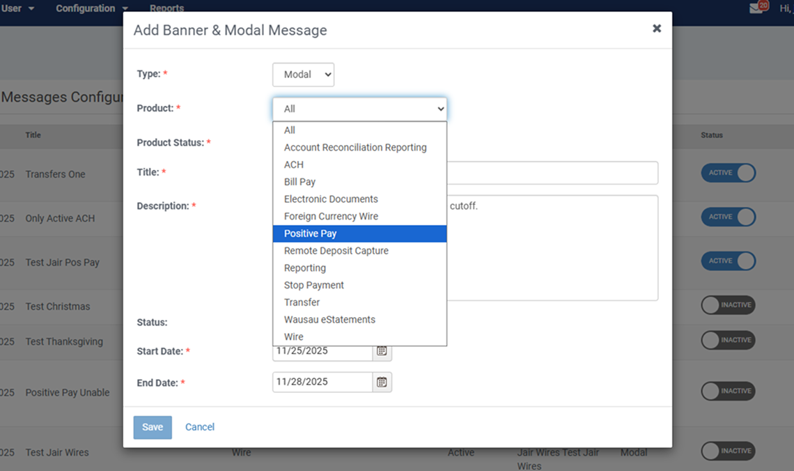 Screenshot of the Banner and Modal by product in Treasury Management.