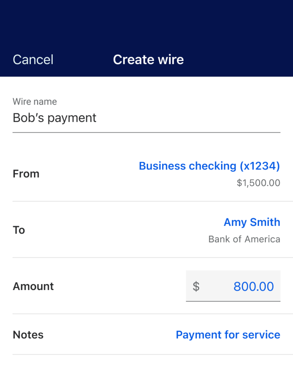 Image of screen Banno Business users see when creating a single wire on Banno Mobile.