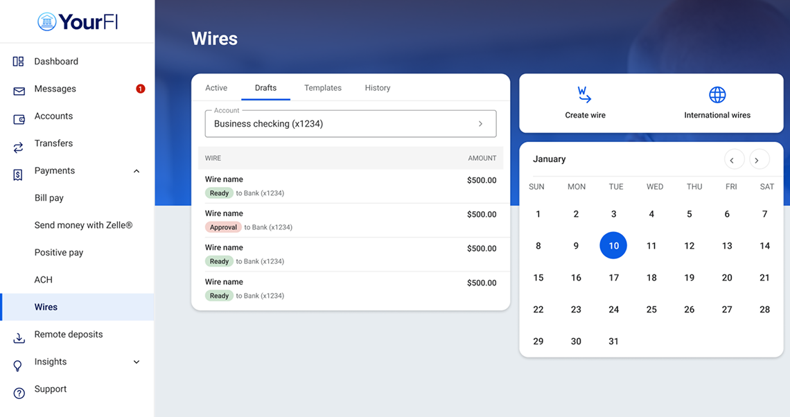 Screenshot of Drafts tab on the Wires screen for Banno Business users.