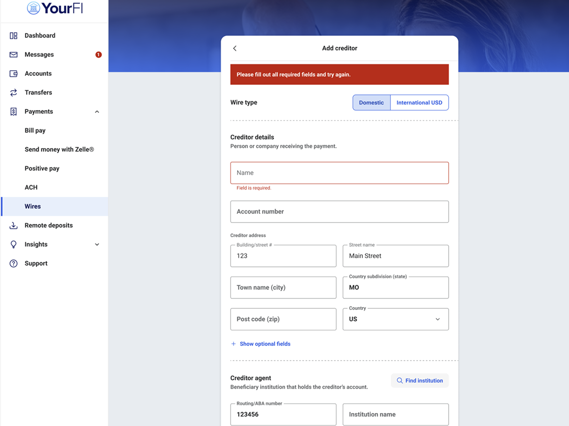 Screenshot of newly required fields on Add Creditor screen for Banno Business wires. 