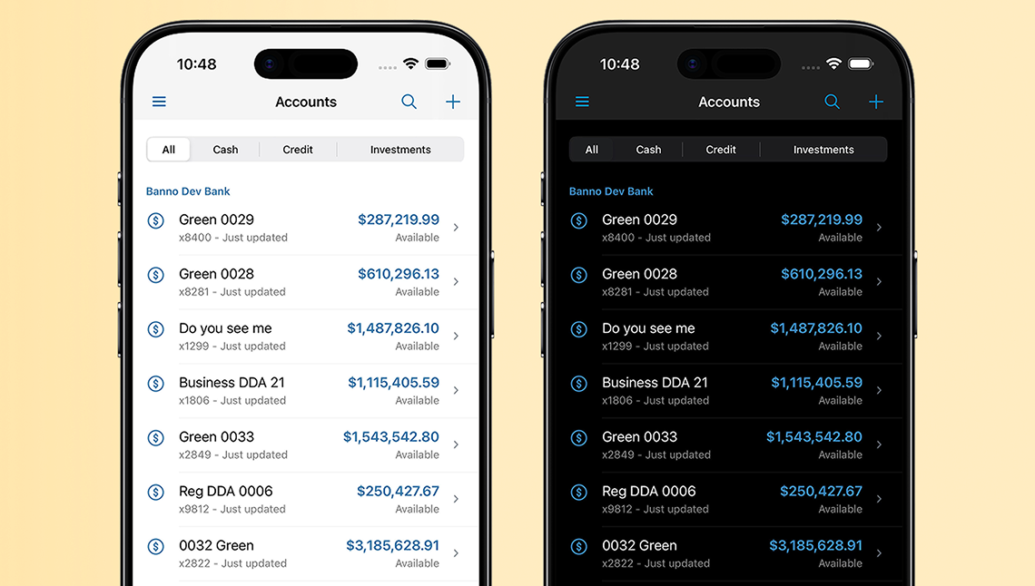 Preview of Accounts screen in light and dark mode for Banno Mobile 3.30 on iOS.