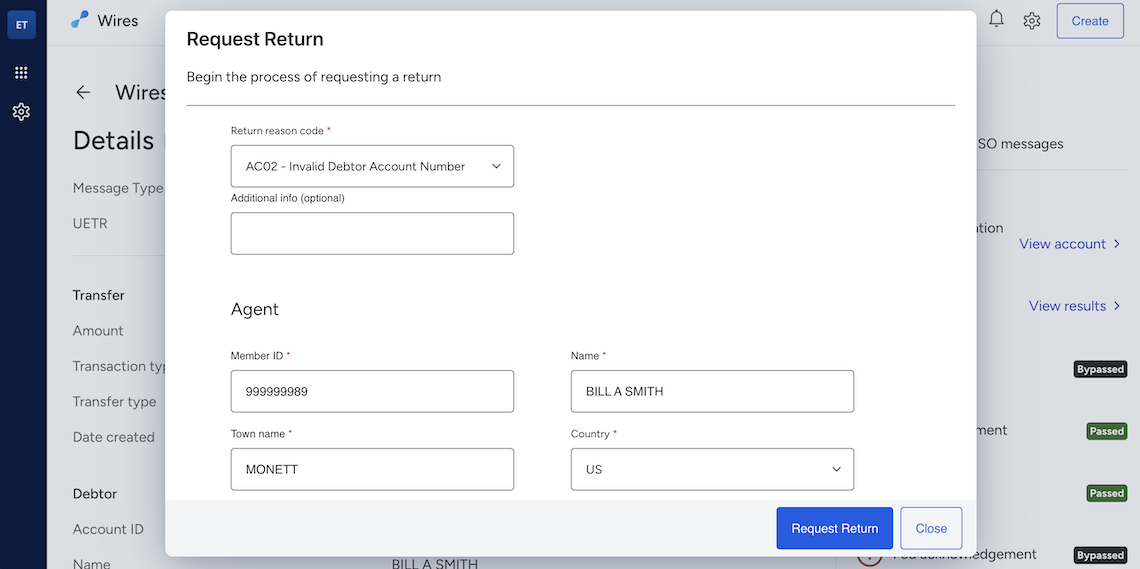 Screenshot of Jack Henry Wires Request Return screen.