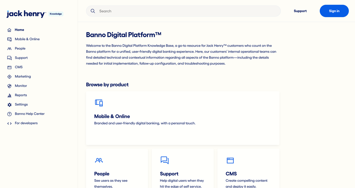 Screenshot of the refreshed Banno Digital Platform Knowledge Base design.