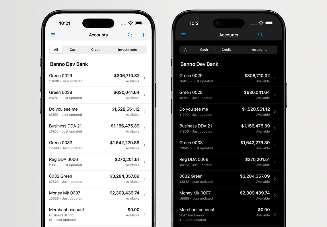 Preview images, in light and dark mode, of Accounts screen design planned for release with Banno Mobile 3.31 on iOS.