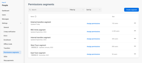 Image of the Permissions segments screen design.