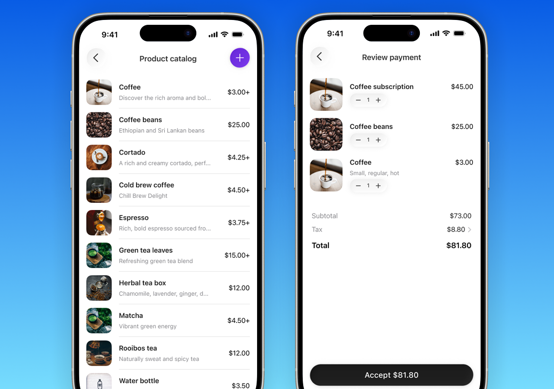 Image showing two screens from the upcoming Tap2Local Merchant Catalog feature.