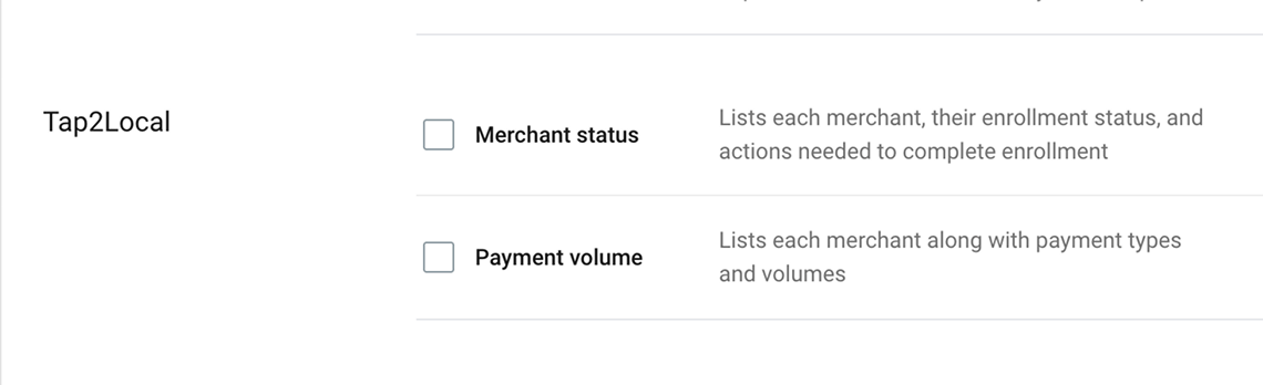 Screenshot of Tap2Local 'Merchant status' and 'Payment volume' reports in Banno Admin.