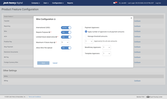 Screenshot of the Wire File Upload configuration screen in Treasury Management.