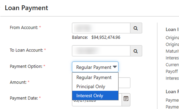 Screenshot of the new Interest Only loan payment option for Treasury Management.