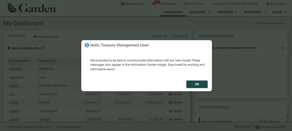 Treasury Management modal message.