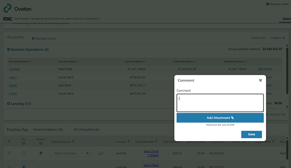 Screenshot of the 'Add Attachment' dialog for Positive Pay check exceptions.