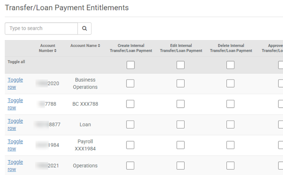 Screenshot of Transfer/Loan Payment Entitlements screen in Treasury Management.