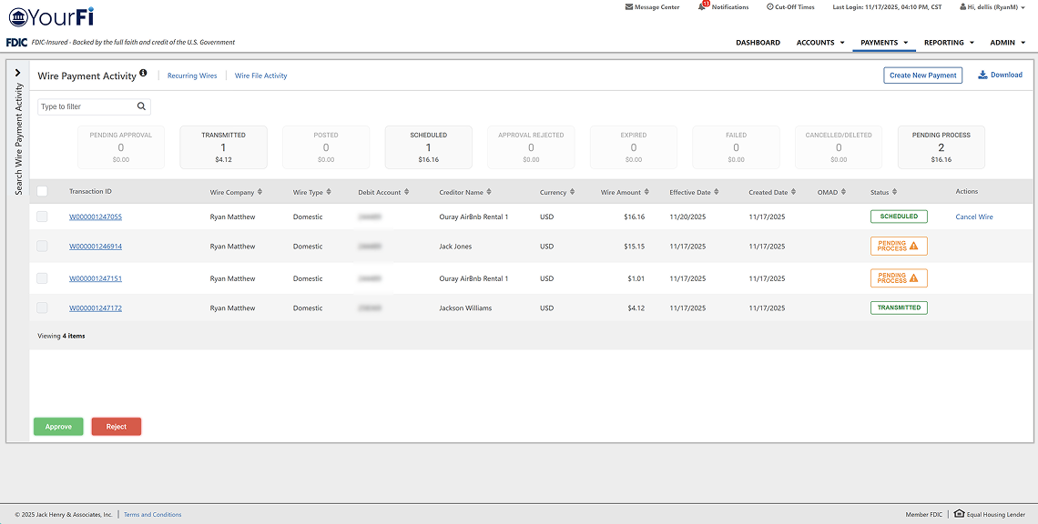 Screenshot of Wire Payment Activity screen with new statuses.