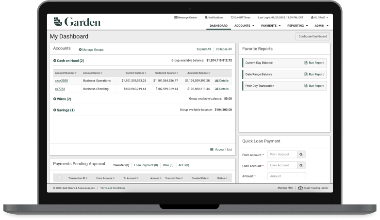 Treasury Management Dashboard on a tablet