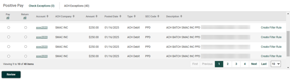 Create Filter Rule for ACH Positive Pay Exception in Widget